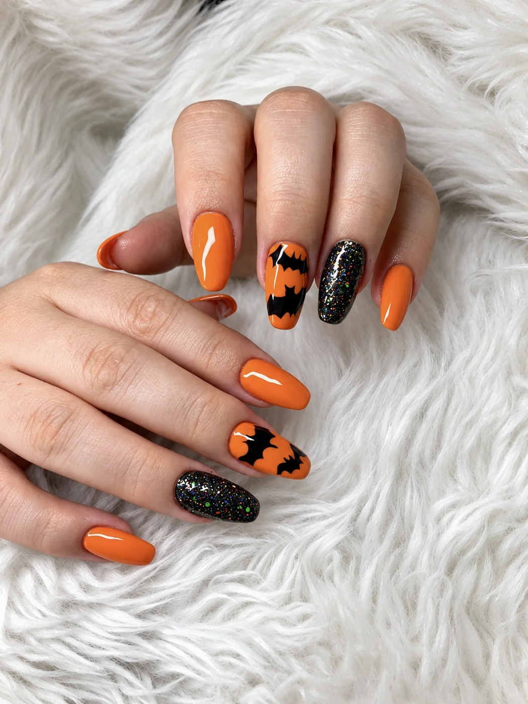 Halloween orange nails with bat accents and black glitter, AyuriNails Beauty Lounge Poblacion Makati